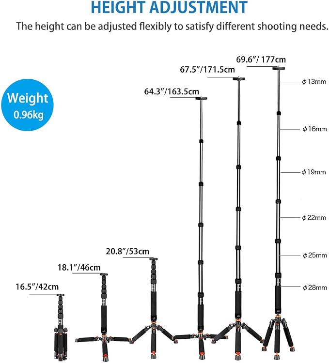 Koolehaoda 69" Camera Monopod with Removable Tripod Base, 6 Sections-Black | Aluminium Lightweight Portable Travel for DSLR Mirrorless Cameras and Camcorders Video Load up to 13lbs - Image 3