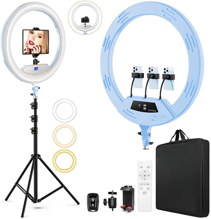 MACTREM Blue 22" Ring Light for iPad iPhone with 75" Tripod Stand Barber | LCDisplay,2 Usb Ports, Fits Ipad/Tablet 12.9", 2600k-6500k Color Temperature, For Barber/Tattoo Tiktok Video Recording Vlog by MACTREM