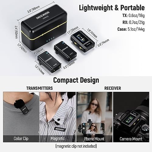 NEEWER CM28 Wireless Lavalier Microphone, Smart Noise Cancelling Lav Mic, 48KHz/16Bit 9hrs Uncompressed Recording, 200m Range, 4GB Storage for iPhone, Android, Camera, 1 RX + 2 TX + Charging Case - Image 3