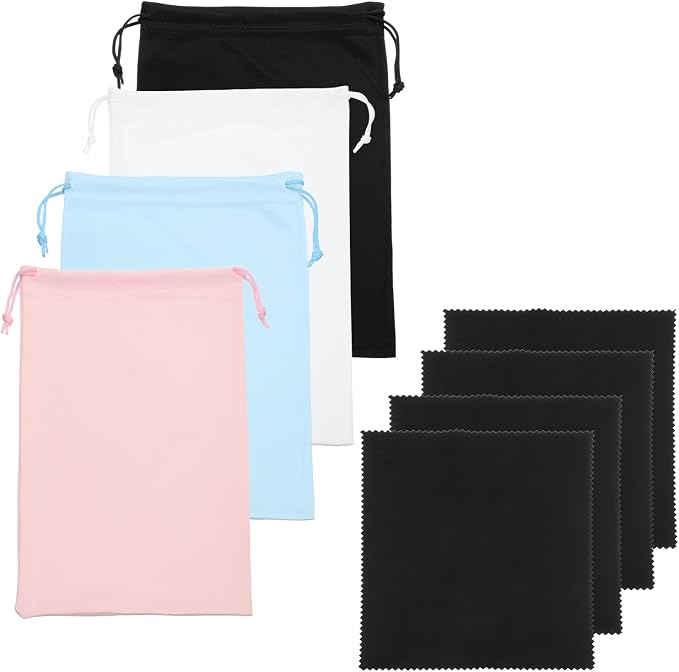 Ski Goggle Bag, Microfiber Bag with Cleaning Cloth Drawstring Pouch Soft Storage Sleeve Case 4 Pcs & Black/White/Light Blue/Pink-Fitting for (Snow Swimming Goggle/Sunglasses) by YELARXI