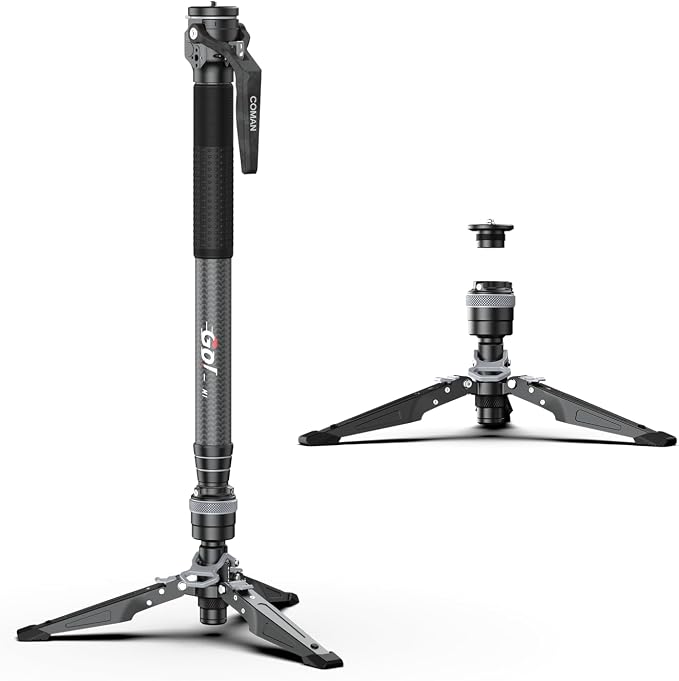 M1 62.8" Carbon Fiber Monopod for Camera, One-Click Lifting Monopod with feet, Compact for Travel, Max Load 44lbs / 20kg for Camera, DSLR, Camcorder by COMAN
