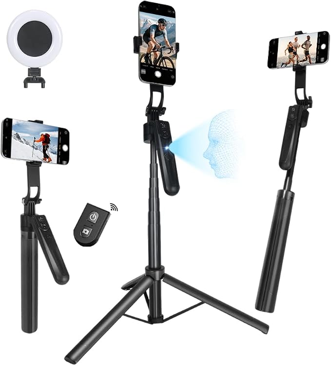 Auto Face Tracking Tripod for iPhone with Light and Remote Control | 360° Rotation Selfie Stick for iPhone/Android, No App, Phone Tripod for TikTok, Live Streaming, Vlogging by FCCABIN
