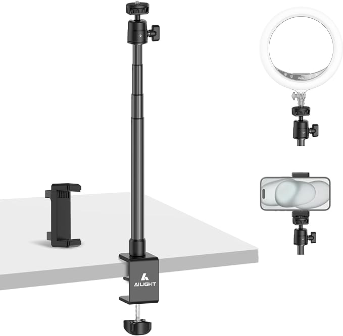 Ailight Desk Stand for Live Streaming, Adjustable Mount with Phone Holder | 1/4" Screw, Ball Head & C Clamp, for Camera/Phone/Webcam, Tool-Free Setup for Vlogging/Recording by Ailight