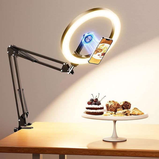 Magnetic Overhead Ring Light for Desk, 10” Selfie Light with Stand Tripod for iPhone, Adjustable Overhead Phone Mount with MagSafe-Compatible Holder for Recording, Vlogging, Crafts, TikTok, YouTube by Evershop