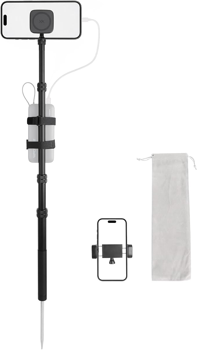 Ground Golf Monopod Phone Stand with Stainless Steel Spike | 46" Metal Extendable Pole, Phone Holder with Power Bank Straps, Golf Swing Video Recording for MagSafe & Smartphones by Unknown