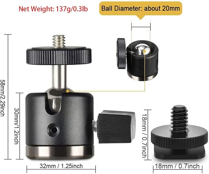 UTEBIT 20mm Mini Ball Head Tripod Head Mount with 1/4" hot Shoe, Black | 360° Rotatable Camera Mount Adapte Aluminium Ball Heads Compatible with Tripods, Monopods, HTC Vive, SLR Cameras Load 2.5lb - Image 4