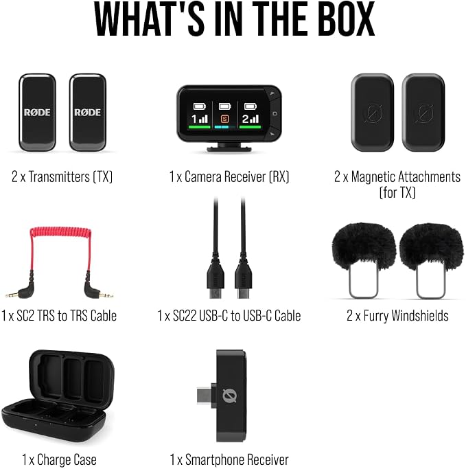 RØDE Wireless Micro - Compact Wireless Microphone Camera Kit, Two Mics with Camera Receiver, Smartphone Receiver, and Charge Case for Content Creation - USB-C, Black | 2.4 GHz digital signal with GainAssist and charging case for cameras, smartphones an... - Image 12