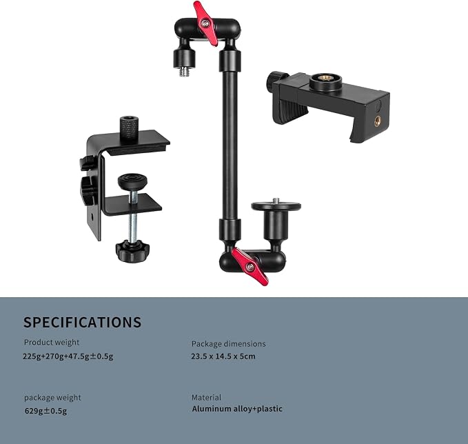 Magic Arm with Clamp, Long Articulating Arm Camera Mount, Adjustable Phone Mount Holder 360° Rotation, Mic Arm for Microphone, LED Lights, for Phone, Tripod, Desk, Table - Image 6