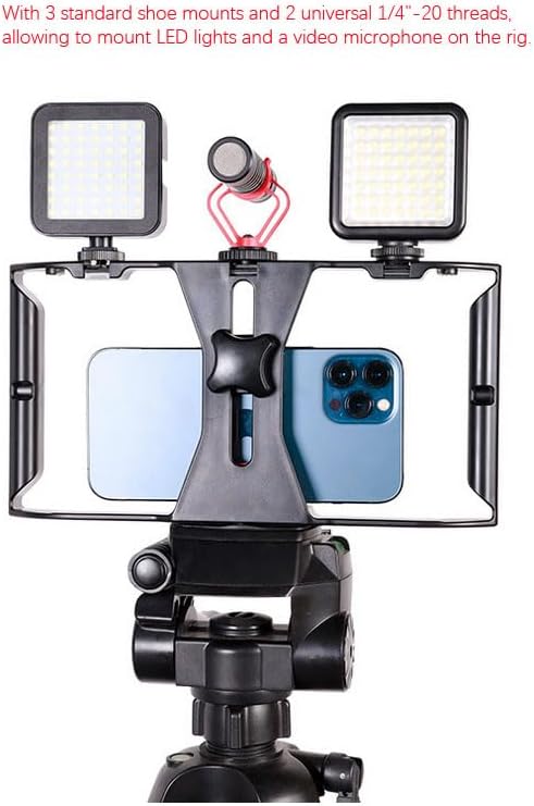 Smartphone Video Cage Rig, HuaerHui Handheld Phone Video Filmmaking Vlogging Stabilizer Grip Tripod Mount Fits Most Phones, with Cold Shoe Mounts, 1/4in Screw Holes to Connect LED Lights/Microphones - Image 4