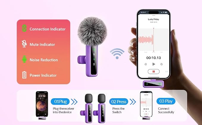 Wireless Lavalier Microphone for iPhone - iPad, Android Phone Computer, Mini Microphone for Live Streaming, Video Recording, Outdoor or Indoor Interviews, YouTube, TikTok, Vlog (Purple) - Image 4