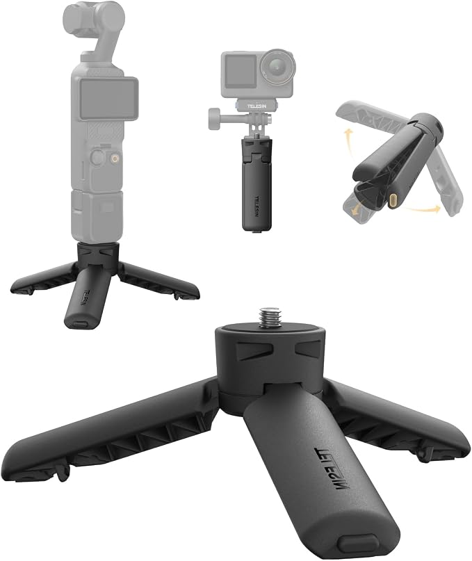 TELESIN One-Touch Deploy Mini Tripod for DJI Osmo Pocket 3 4 4P &Luna Ultra | Reinforced Desktop Stand&Grip with 1/4"Screw for Insta360 Luna Ultra X5/DJI Action 6 5pro Nano/GoPro/Camera/Phone Accessories by telesin