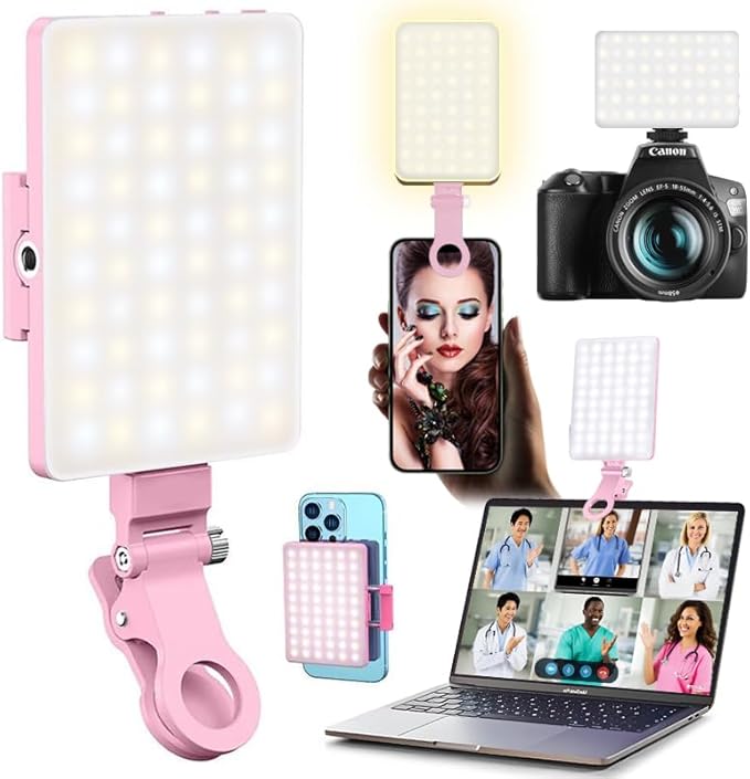 60 LED Portable Selfie Light Video Conference Lighting with Clip & Camera Tripod Adapter Rechargeable 2000mAh CRI 97+, 3 Light Modes for Phone iPhone Webcam Laptop Photo Makeup (Pastel Pink) by Unknown