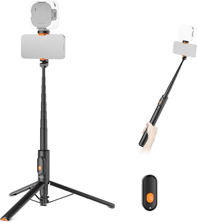 NEEWER 57.9" Selfie Stick Tripod Compatible with iPhone Samsung Android, Metal Portable Lightweight Travel Cell Phone Stand with Phone Holder Mount & Remote for Video Recording Filming, PA992 Black by Neewer