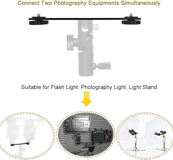 Dual Flash Bracket 8in/20.3cm Camera Mount Tripod Bracket with 1/4 Screw Hot Shoe Flash Light Bracket for LED Light Microphone 3D Stereo Stereoscopic Photography - Image 5