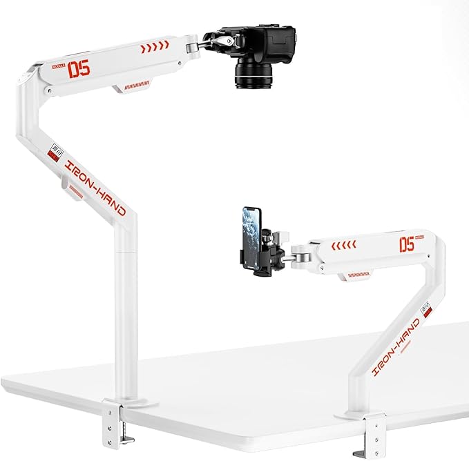 JINRAIKO Overhead Camera Mount with 360° Adjustable Arm & Phone Holder for TikTok Live Streaming Photography Studio Content Creation, Desk Mount for for DSLR Camera/Webcam/Microphone, White by JINRAIKO