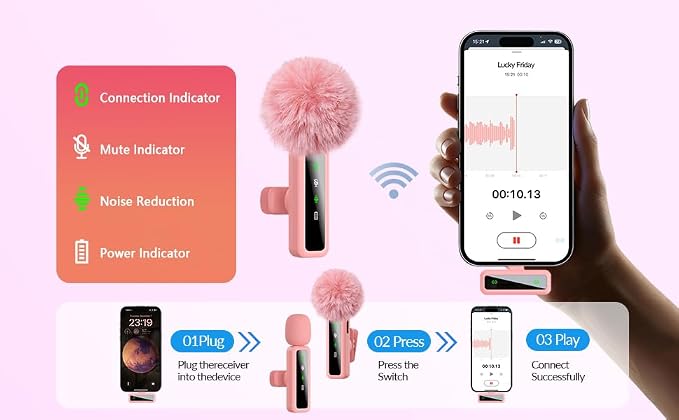 Wireless Lavalier Microphone for iPhone - iPad, Android Phone Computer, Mini Microphone for Live Streaming, Video Recording, Outdoor or Indoor Interviews, YouTube, TikTok, Vlog (Pink) - Image 4