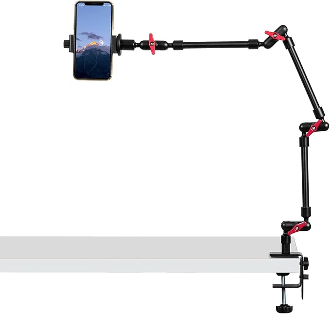 Magic Arm with Clamp, Long Articulating Arm Camera Mount, Adjustable Phone Mount Holder 360° Rotation, Mic Arm for Microphone, LED Lights, for Phone, Tripod, Desk, Table by GOINWAVE
