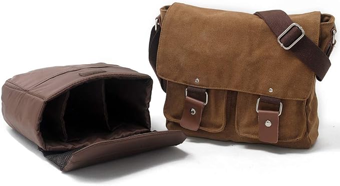 Compatible with/Replacement Vintage Waterproof Canvas Leather Trim DSLR SLR Shockproof Camera Shoulder Messenger Bag (Coffe) - Image 3