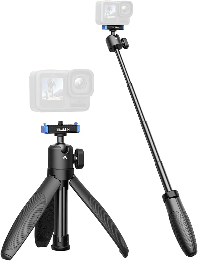 TELESIN 40cm/15.7in Mini Selfie Stick Tripod for Gopro 13 / Mission 1 Pro | Magnetic Quick Release, Anti-Slip Handle Grip, 360° Ball Head, Vlog Extended Pole for Go Pro Hero 13 Black Camera Accessories by telesin