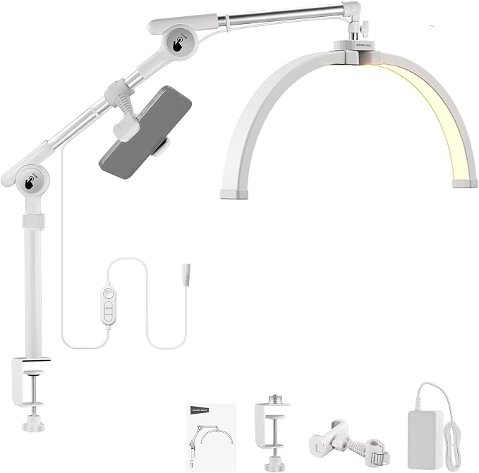 NEEWER Basics 22" Half Moon Lash Light with Articulating Desk Clamp Mount Stand/Phone Holder, 32W Foldable LED Nail Tech Table Arc Lamp for Makeup Beauty Tattoo Overhead Video Recording, HM03-D by Neewer