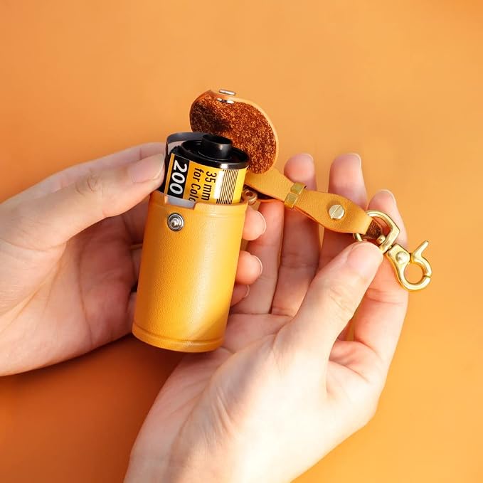 ZVZKC Leather 35mm Film Case Keychain, 35mm Film Holder Film Canisters with Caps for Film Photography & Gifts, H 1.96inch / 5cm (Yellow) - Image 3