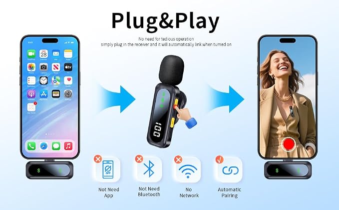 Wireless Lavalier Microphone with Magnetic Clip & LED Display, Mini Lapel Mic，Wireless Microphone for iPhone,Android, iPad, for Video Recording, Streaming, Interview, Vlog,Tiktok,YouTube - Image 5