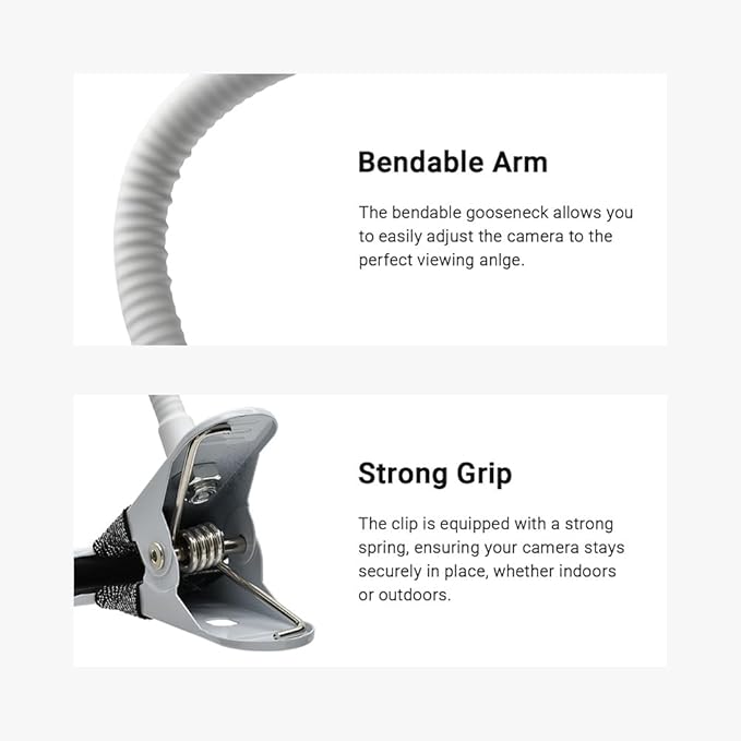 Indoor Outdoor Security Camera Flexible Clip Mount, White | Universal 1/4"-20 threaded clamp bracket, fits Ring/Blink/Wyze/Arlo and more, 40cm adjustable gooseneck arm - Image 4