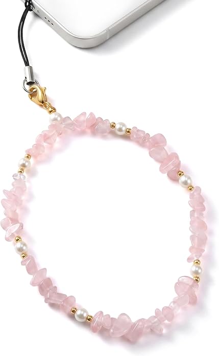 Ouligay Pink Camera Wrist Strap Cute Natural Gemstone Phone Chain Lanyard | Beaded Wrist Strap for Bag Case Bags Pendants Decor Chains Small Gifts for Woman Girls - Image 4