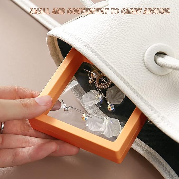 12 PCS Dual-Color Packaging Box 3D Floating Frame Display Stand, Color-Matching Packaging Display Box, Transparent Window Jewelry Case, PE Film Anti-Oxidation Storage Case. (Orange+Black) - Image 5