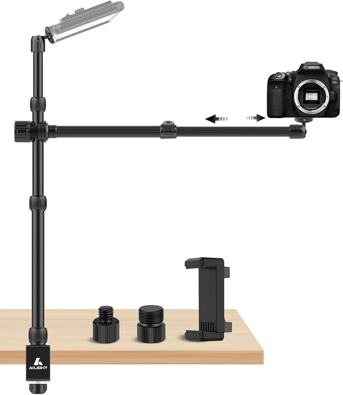 Ailight Camera Desk Mount Stand Overhead, Adjustable Microphone Boom Arm Mic Stand with Phone Holder, Camera Arm Clamp 5/8'' 3/8'' 1/4'' Screws for Shure, Blue Yeti, Rode, Elgato, Fifine, HyperX by Ailight