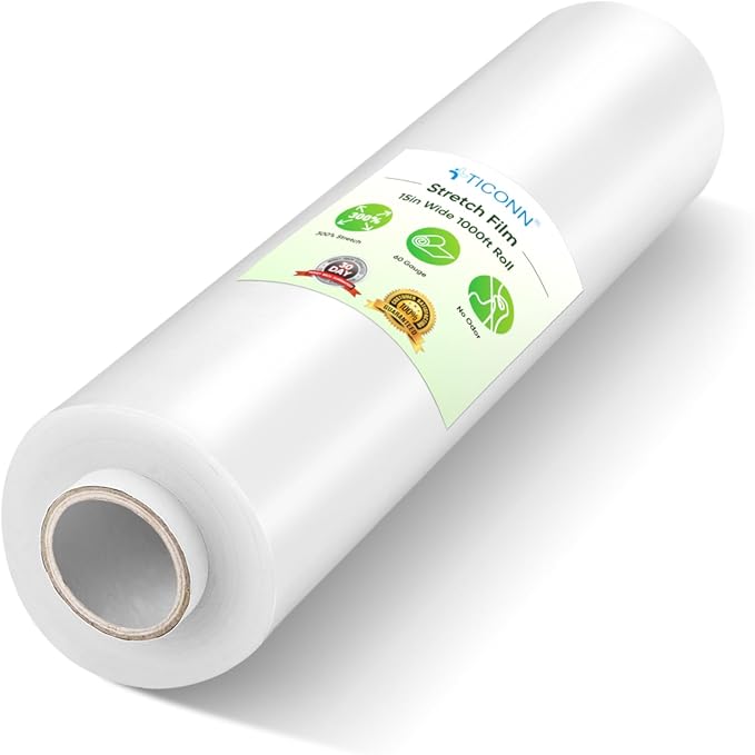 TICONN Stretch Wrap Roll, 15 in x 1000 ft Plastic Wrap for Moving Furniture | Odorless Industrial Strength Stretch Film, 300% Stretchability, Self-Adhering, Ideal for Furniture, Box Protection by TICONN