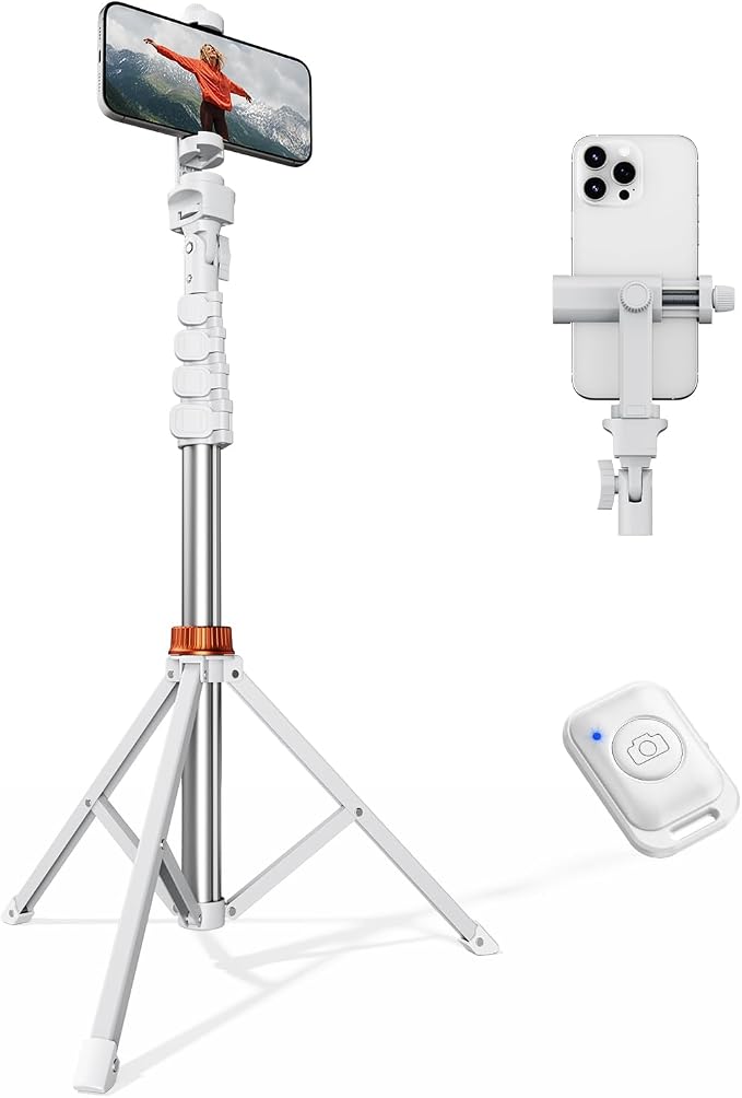 VIMOSE 66" Phone Tripod, Tripod for iPhone with Remote & Phone Stand | Extendable Cell Phone Tripod for Video Recording, Ultimate Tripod & Monopod Accessories for iPhone/Android, Monza White by VIMOSE
