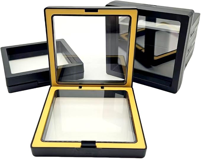 12 PCS Dual-Color Packaging Box 3D Floating Frame Display Stand, Color-Matching Packaging Display Box, Transparent Window Jewelry Case, PE Film Anti-Oxidation Storage Case. (Black+Yellow) - Image 2