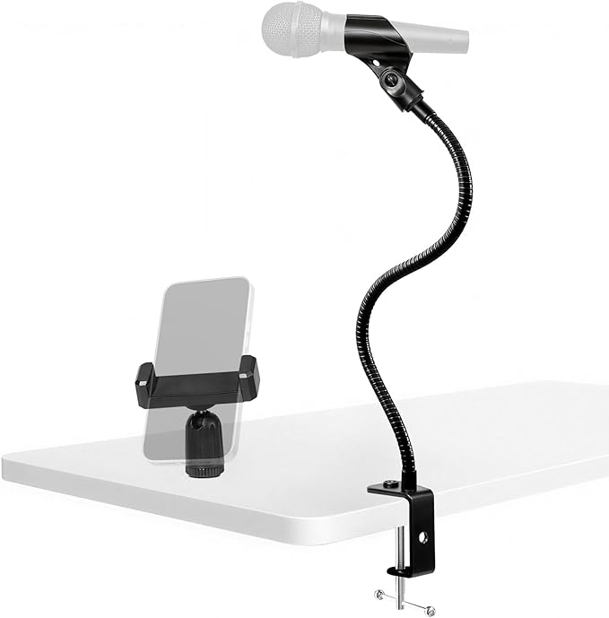 2 In 1 Gooseneck Mic Stand with Phone Clip, 13 Inch Flexible Mic Arm Desk Mount for Podium, Lecture, Podcast, Studio, Microphone Holder Compatible with Shure SM58, Beta 58A, Samson Q2U by BILIONE