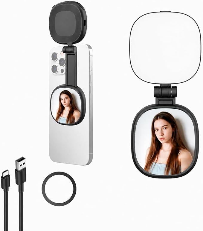 Magnetic Selfie Light Compatible with MagSafe, Foldable LED Phone Light with Mirror, 72 LEDs Stepless Brightness & Color Temperature, 360° Rotating Fill Light for Selfies, Makeup, TikTok, Zoom by PIDINUK