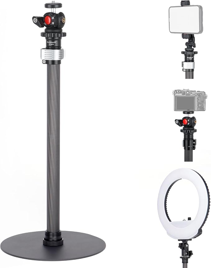 Koolehaoda Webcam Stand, Carbon Fiber Desk Tripod Stand,Round Base Monopod | with 360° Rotatable Ballhead for DSLR Camera Ring Light Webcam for Video Recording,Live Streaming Vlogging by Koolehaoda