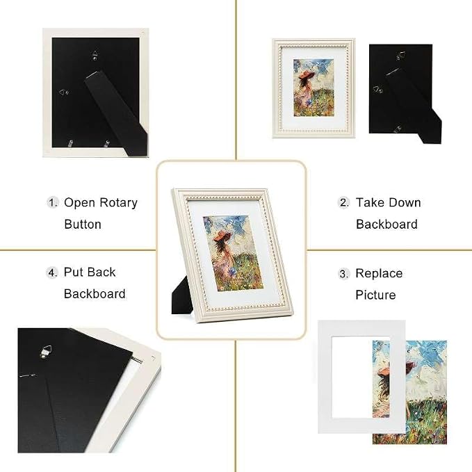 8x10 Picture Frame in Beige with Classic Gold Beaded Border, Solid Wood with Real Glass, Display 8x10 Photos Matted to 5x7, Vertical and Horizontal Desk Tabletop or Wall Hanging - Image 7