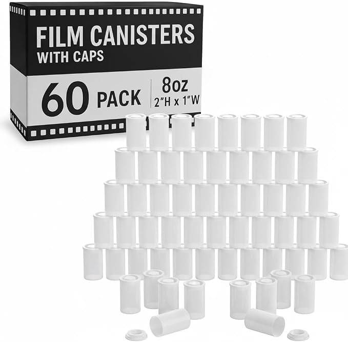 Film Canisters with Caps, Film Canisters, 35mm Case, White, 8oz, 60 Pack | Houseables Containers with Lids, Cannister for Rockets, Empty Camera Reel Holder, Coin Storage, Plastic, Bottle, 2"x1", Bulk by Houseables