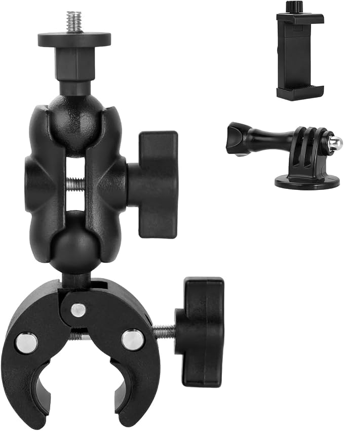 360° Dual Rotating Ball Head Handlebar Mount, Non‑Slip Support Clamp | Bike Bicycle Handlebar Action Camera Mount with 1/4" Screw, for Gopro Insta360 Tripod LED Lights Motorcycle Handlebar, Black by UTEBIT