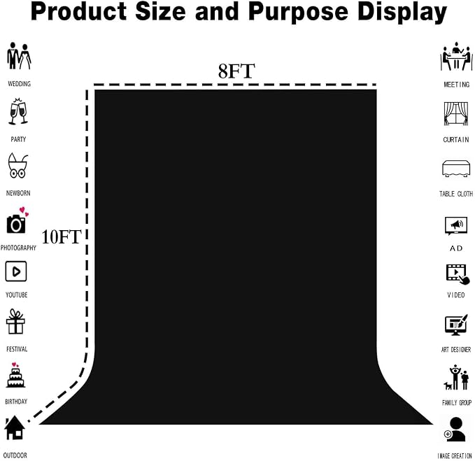 Black Photography Backdrop for Photoshoot, Fabric 8x10ft | Polyester Studio Photo Backgrounds, Non Reflective, Easy to Hang, for Portrait Shoot, Product, Party Decor, Video Creation - Image 8