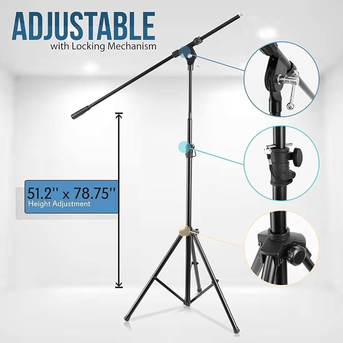 Pyle Heavy Duty Microphone Stand-Height Adjustable from 51.2'' to 78.75'' Inch High w/Extendable Telescoping Boom Arm 29.5'' and Stable Tripod Base-Clutch in T-Bar Adjustment Point PMKS56 - Image 2