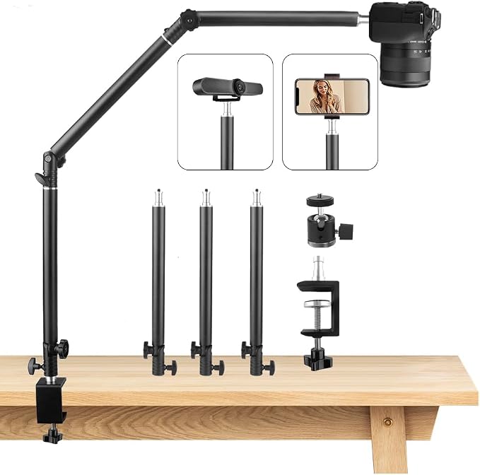 Heavy Duty Overhead Camera Desk Mount Stand 14.5"-41" with 1/4" Screw, 3-Section 360°Rotatable Detachable Articulating Boom Arm with Enlarged Handle C Clamp, Tabletop Light Stand for Streaming Vlog by JEBUTU