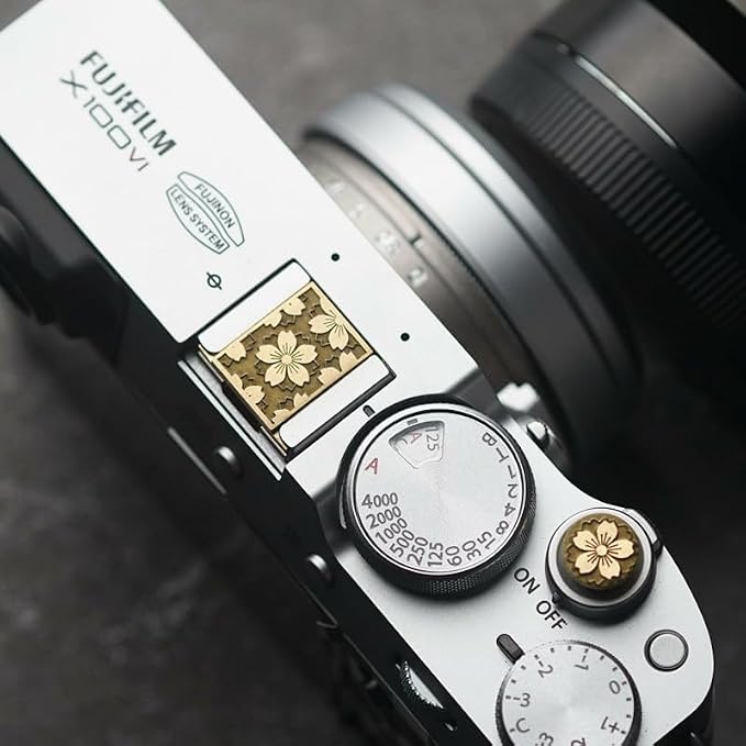 Cherry Hot Shoe Cover Shutter Button for Fuji X100VI XT30III for Nikon | Brass alloy cherry blossom pattern dust-proof hot shoe cover shutter Botton For Fuji XT5 XT4 XT3 XT30III X100VI XE4 For Nikon - Image 2