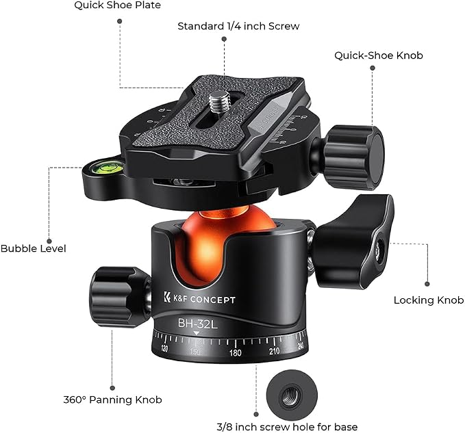 K&F CONCEPT 32mm Metal Tripod Ball Head 360 Degree Rotating Panoramic with 1/4 inch Quick Release Plate Bubble Level for Monopod Camera Camcorder Load Capacity up to 26.4lbs/12kg | Head screw 3/8", quick plate - BH32L - Image 6