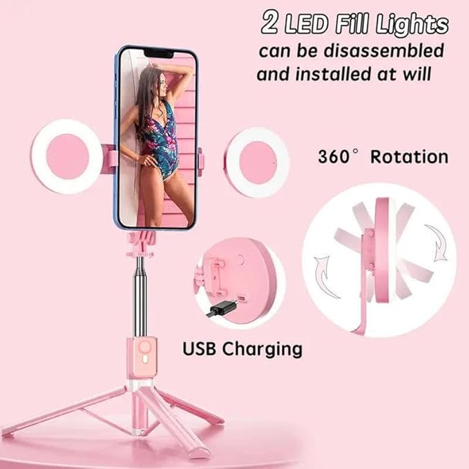 Selfie Stick Tripod with Light and Bluetooth Remote, 67" Extendable Mini Tripod Stand for iPhone Samsung Android, 6 in 1 Wireless Selfie Stick for TikTok YouTube Live Streaming(Pink) - Image 3