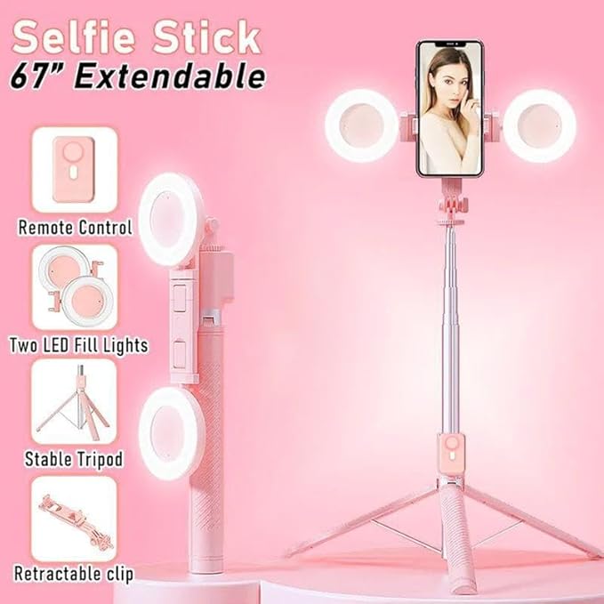 Selfie Stick Tripod with Light and Bluetooth Remote, 67" Extendable Mini Tripod Stand for iPhone Samsung Android, 6 in 1 Wireless Selfie Stick for TikTok YouTube Live Streaming(Pink) - Image 5