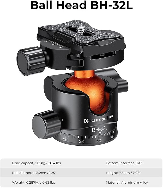 K&F CONCEPT 32mm Metal Tripod Ball Head 360 Degree Rotating Panoramic with 1/4 inch Quick Release Plate Bubble Level for Monopod Camera Camcorder Load Capacity up to 26.4lbs/12kg | Head screw 3/8", quick plate - BH32L - Image 2