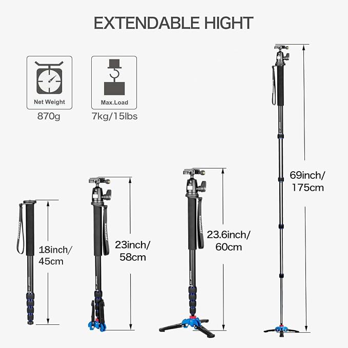 Koolehaoda 69" Aluminum Monopod with Tripod Base & Ball Head for DSLR | 3-Feet Support Stand, Adjustable Height, for Canon Nikon DSLR Camera, Portable Travel Photography Monopod, Lightweight - Image 5