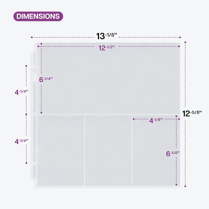 Dunwell 12x12 Scrapbook Page Protectors, 50 Pack, Fits 3-Ring Scrapbook Album Binder, Combo Layout Holds 300 4x6 Vertical Photos Plus 6x12 Top Pocket, Acid-Free Poly 12x12 Scrapbook Page Protectors - Image 3