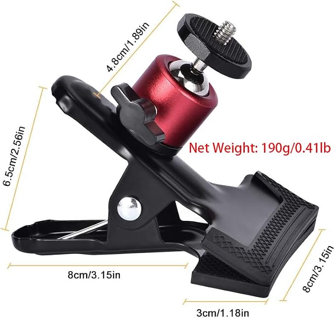 UTEBIT Tripod Camera Clip Clamp, with 360° Swivel Mini Ball Head, Black&Red | 2 Pack Clip Camera Mount Photography Accessories with 1/4'' Screw, Black Spring Clamp for DSLR Video Photoshoot Studio - Image 7